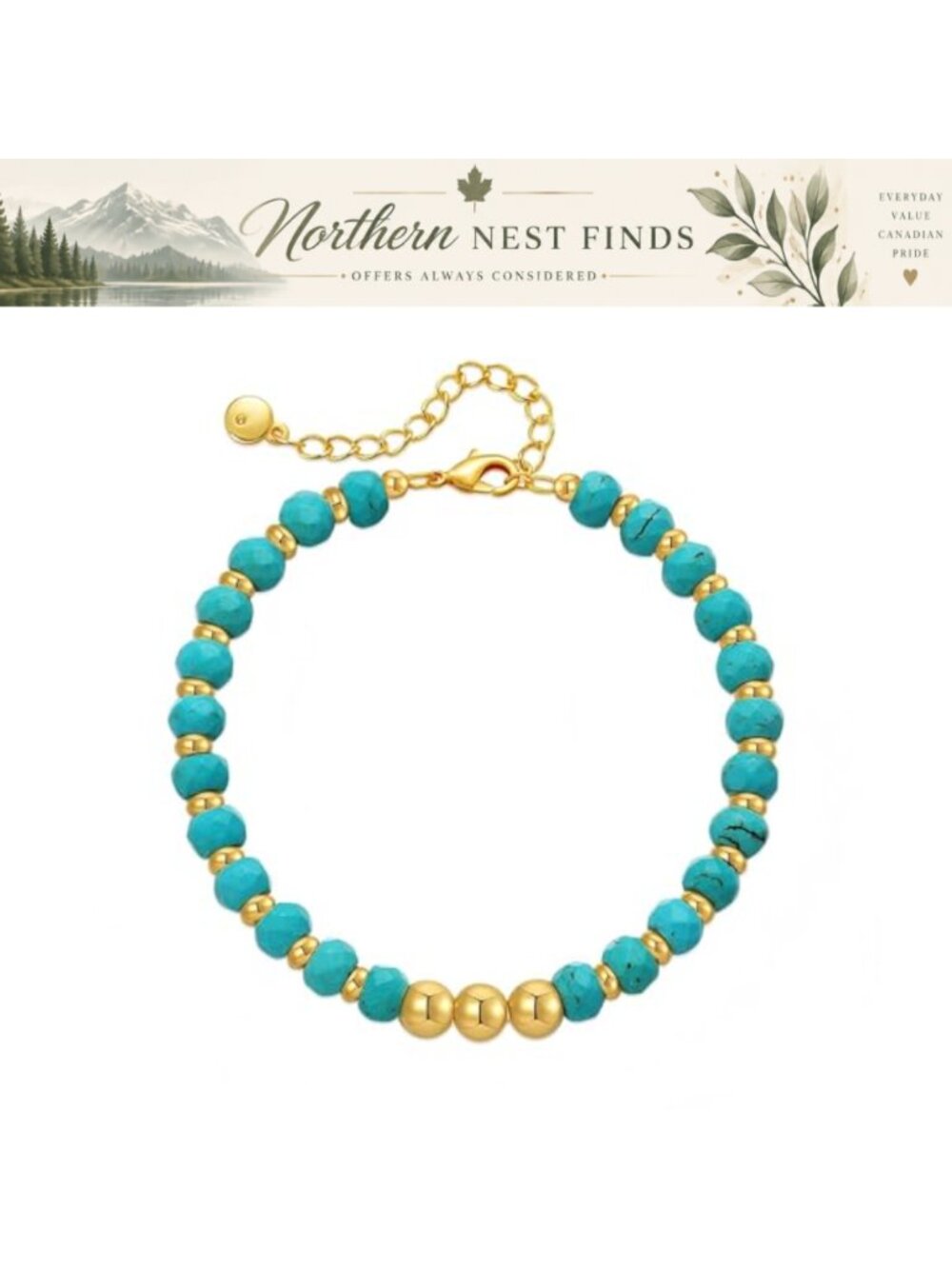 Turquoise Bracelet 18K Gold Plated Beaded Western Adjustable